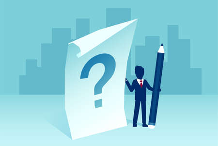 Vector of a confused businessman with pan and piece of paper with question mark on cityscape backgroundのイラスト素材