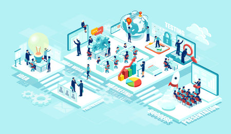 Isometric vector of virtual office with businesspeople, corporate employees working together on a...