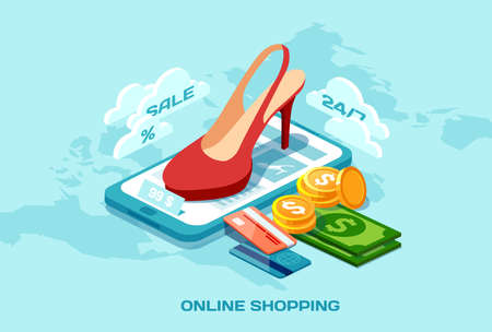 Online shopping ecommerce concept. Isometric poster vector with red shoes credit card money and tablet computerのイラスト素材