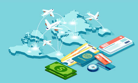 Travel, tourism plane ticket booking and travelers insurance concept. Business flights worldwide. Isometric vectorのイラスト素材