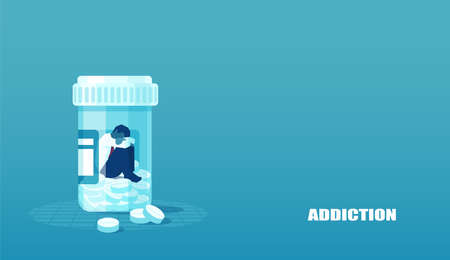 Vector of a sick sad patient man in depression drowning in medications sitting inside a bottle. Concept of drug addiction.のイラスト素材