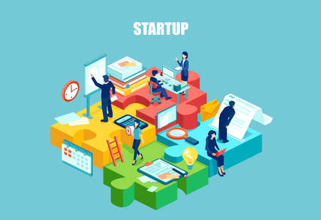 Isometric vector of startup employees working as well organized team. Cooperation business goal thinking, infographic in a form of puzzle. Concept for webdesign.のイラスト素材
