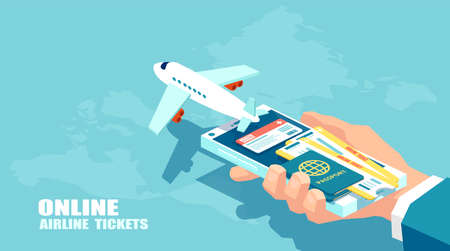Booking airline tickets and traveler insurance online concept. Vector of travel, business flights worldwide. Boarding passのイラスト素材