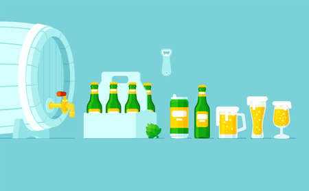 Vector of different type of beer glass, bottle and can types. Craft beer design and minimal flat design.のイラスト素材