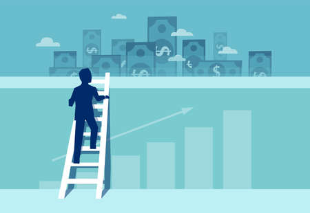 Vector of a challenged businessman climbing up the wall on a ladder to see financial real estate opportunitiesのイラスト素材
