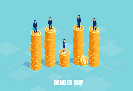 Gender gap and pay difference concept. Vector of businessmen and businesswoman on piles of coins of different height. Symbol of discrimination and injustice in corporate life.のイラスト素材