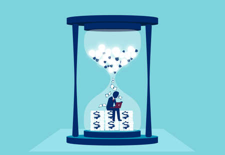 Time management and reward for successful ideas concept. Vector of a businessman working on computer inside a sand clock converting business ideas into profitのイラスト素材