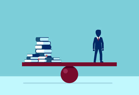 Vector of an educated businessman balancing stack of books on blue backgroundのイラスト素材