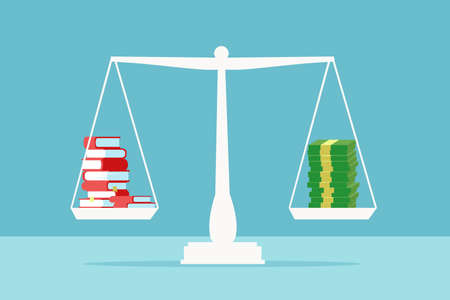 Value of education concept. Vector of a stack of books on a scale balancing pile of dollar cashのイラスト素材