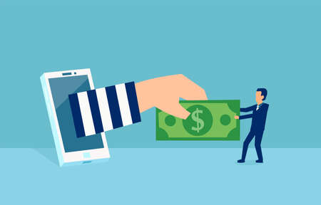 Cyber crime and online theft concept. Vector of a virtual thief breaking into mobile internet account of a businessman stealing money from himのイラスト素材