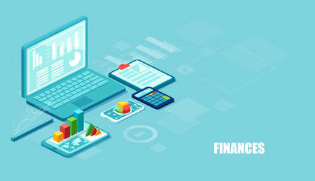 Finance and innovative mobile technology concept. Isometric vector of financial apps and services on laptop and modern gadgets on blue backgroundのイラスト素材