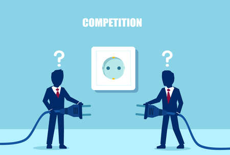Vector of two confused businessmen standing with electrical plugs competing for energy resources on blue backgroundのイラスト素材
