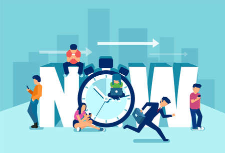 Time to act NOW concept. Vector of a busy running businessman and laidback young generation playing in modern gadgetsのイラスト素材