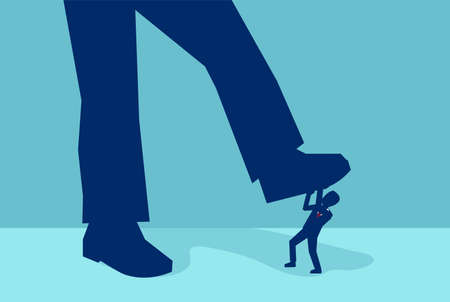 Vector of a little businessman being crushed by a giant foot isolated on blue backgroundのイラスト素材