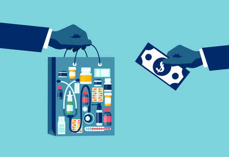 Vector full package of medicines and medical supplies. Purchase and delivery of drugs and goods from pharmacy conceptのイラスト素材