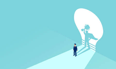 Vector of a businessman with superhero shadow holding a trophy. Symbol of ambition, motivation. leadership and challengeのイラスト素材