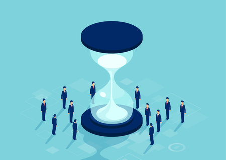 Teamwork and time management concept. Vector of group of businessmen standing around hourglass...