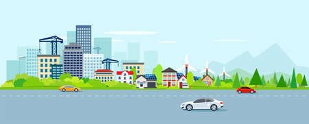 Vector of urban landscape with modern cityscape and suburbs with wind power turbines on a background of mountains. Highway with cars.のイラスト素材
