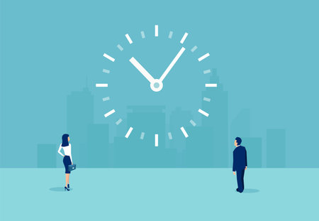 Time management and efficiency concept. Vector of a businessman and a businesswoman looking at a...