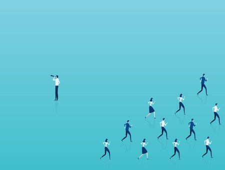 Visionary concept. Vector of an outsider businessman looking in opposite to crowd direction 