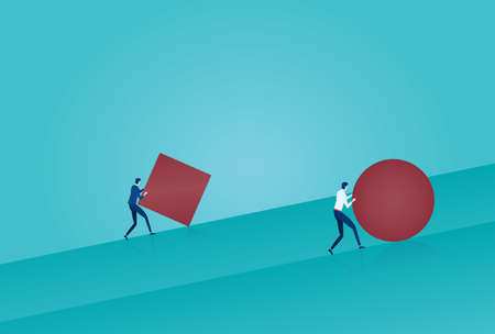 Vector of a smart business man pushing a sphere uphill leading the race against a slower businessman pushing a box. Winning strategy conceptのイラスト素材