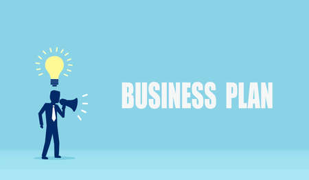 Business plan strategy, mission concept. Vector of a businessman with innovative ideas making an announcement in megaphone.のイラスト素材