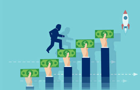 Venture capital and startup concept. Vector of a businessman climbing up the stairs made of hands holding money.のイラスト素材