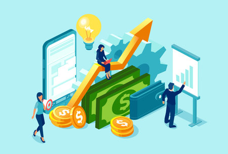 Vector business team working on financial data analysis and profitability using modern technology...