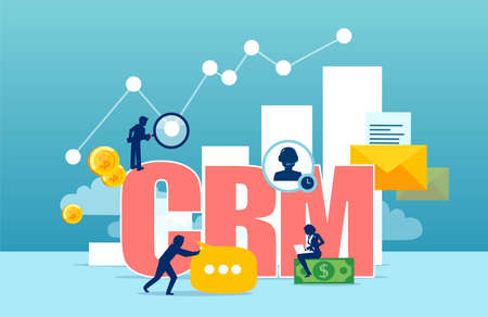 Vector concept for customer relationship management. Company interaction with customers and data analysis of sales.のイラスト素材