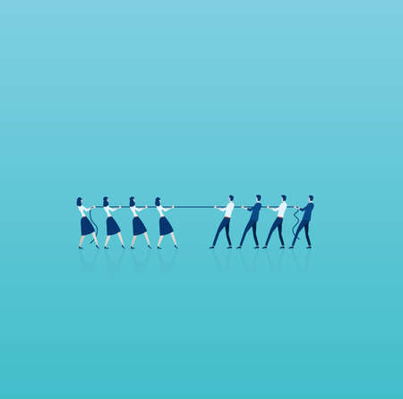Vector of businesswomen in tug of war with a group of businessmen. Men vs women superiority conceptのイラスト素材