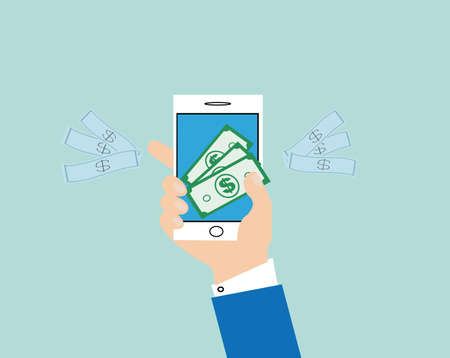 Mobile payment concept. Vector of a business man holding smartphone with credit card financial data paying for servicesのイラスト素材