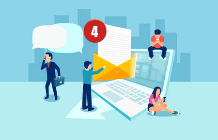 Vector concept of social media networking, digital communication via email and people chatting using modern gadgetsのイラスト素材