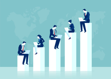 Vector of a business team working on laptop computers conducting online research looking for market...