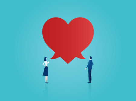 Vector of a man and woman facing each other with overlapping heart shaped as speech bubble having a romantic communicationのイラスト素材