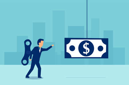 Vector of a business man with a wind up key on his back walking towards a dollar banknote on blue background.のイラスト素材