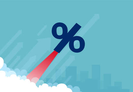 Vector of a rocket percentage symbol flying up on cityscape backgroundのイラスト素材