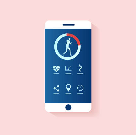 Fitness tracker app concept. Vector of a smartphone with healthy lifestyle applicationsのイラスト素材