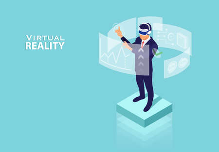 Augmented reality concept. Vector of a businessman using virtual reality technology for financial data analysis and efficient time management.のイラスト素材
