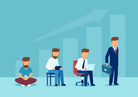 Career growth concept. Vector of a man changing his life becoming a successful businessmanのイラスト素材