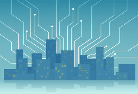 Smart city concept. Vector template with skyscrapers skyline controlled and interconnected by modern digital technology.のイラスト素材