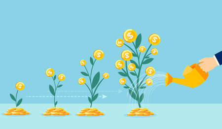 Business growth concept. Vector of a business man hand with pot watering profitable money treeのイラスト素材