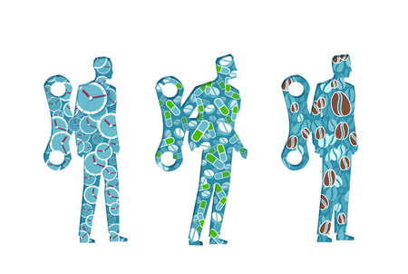 Businessmen walking with a wind up key mechanism being stimulated by energy pills and coffeeのイラスト素材