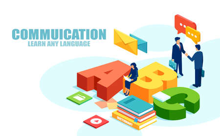 New language learning and communication concept. Vector of businessmen meeting and a businesswoman studying onlineのイラスト素材