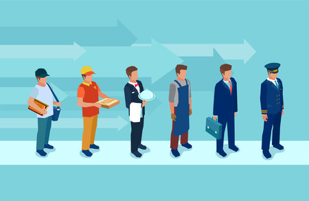Vector of a man changing his occupation. Career growth concept