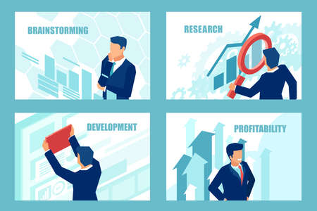 Presentation business slide templates for websites or mobile apps. Vector of a successful businessman brainstorming for new profitable opportunities.のイラスト素材