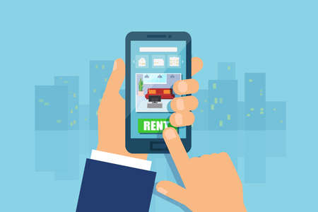 Apartment house rent using modern mobile technology. Vector of a man hand holding smartphone, touching screen making an apartment choice using smartphone app. のイラスト素材