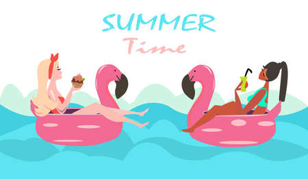 Vacation and relaxion concept. Vector of two women swimming with pink flamingo pool float and  sunbathing.のイラスト素材