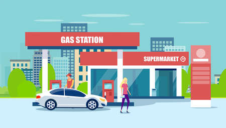 Vector of gas station, supermarket and fueling carのイラスト素材