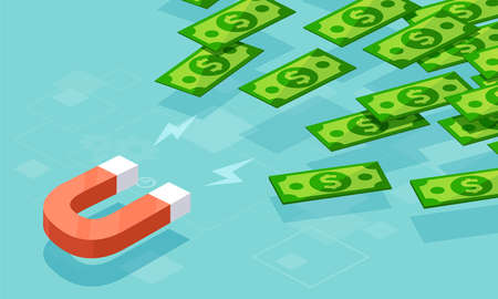 Vector of a magnet attracting money dollar banknotes. New investment opportunities conceptのイラスト素材