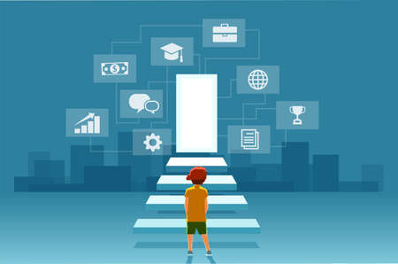 Vector of a child, a boy looking at the stairs leading to the door of modern digital world. Concept of self realization, education and career successのイラスト素材